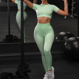 Seamless Set: Women's Fitness Leggings & Short Sleeve Top